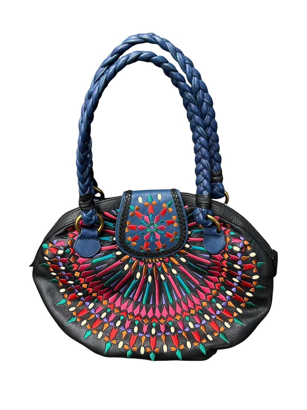 Isabella Fiore Serena Lelia Black Blue Leather Embroidered Handbag